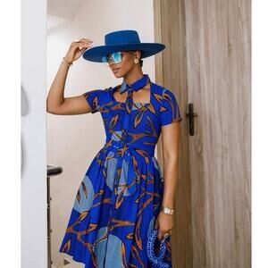 Mae Otti African Print Dress Blue Wax 100% Cotton Button Front Collared M Cutout